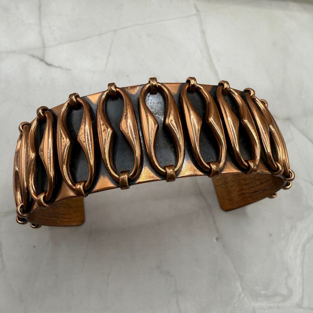 Vintage Copper Black Accent Sculptural Cuff Bracelet MCM Modernist